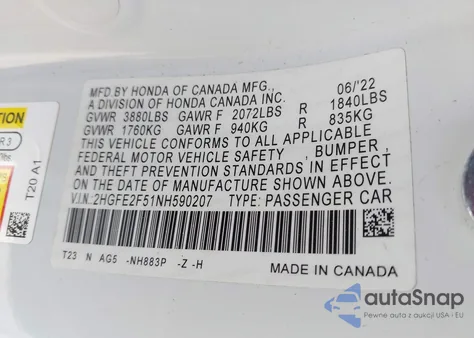 2022 Honda Civic Sport from USA, damaged, VIN 2HGFE2F51NH590207